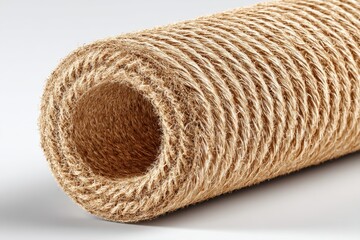 Poster - A close-up studio shot of a roll of natural burlap fabric showcasing its intricate texture and neutral color tone, perfect for crafting or decorative purposes.