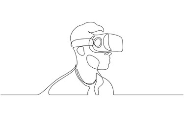 Poster - Young man wearing 3d or VR glasses in continuous one line drawing, Virtual reality game player concept one line draw design vector illustration.