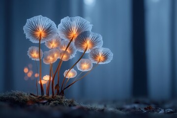 Poster - A mystical scene of glowing mushrooms illuminating a dark forest floor, creating an ethereal and magical atmosphere with soft light and deep blue tones.