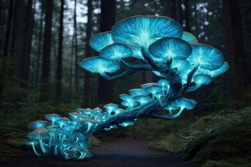 Poster - Magical glowing mushrooms illuminate a dark forest path, creating a whimsical and enchanting scene with vibrant blue light, fantasy woodland backdrop.