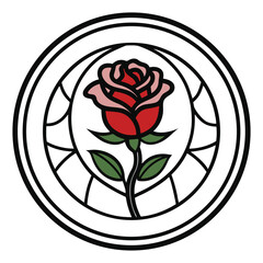 Poster - Stylized Rose Flower Inside Double-lined Circle with Curved Segments in Black, Red, Pink, and Green, isolated on White                                