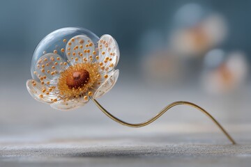 Poster - An artistic macro shot of a delicate glass flower with a golden stamen, its translucent petals filled with small orange spheres, set against a soft, muted background.