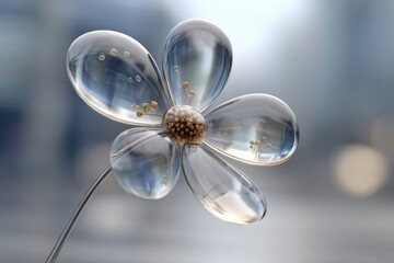 Poster - Close-up of a beautifully crafted glass flower with delicate details, showcasing its intricate design, smooth surfaces, and elegant presentation against a blurred background.