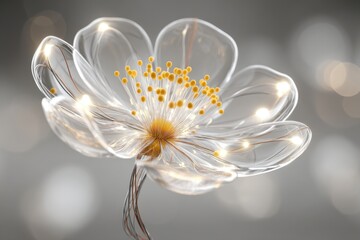 Poster - An ethereal floral design with transparent petals and a radiant golden center, exuding a sense of fragile beauty and delicate sophistication on gray backdrop.