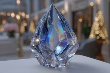 Poster - A close-up of a multifaceted crystal sculpture, showcasing its intricate design and the play of light and color within a softly blurred, festive background.
