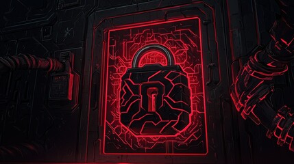 Poster - A futuristic digital door with a glowing red padlock on display