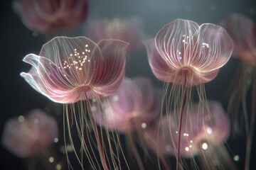 Poster - A beautiful arrangement of translucent flowers with luminous details creating a dreamy ethereal aesthetic, soft pink petals and elegant lines on a dark background.
