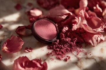 Poster - An elegant close-up of pink blush makeup and rose petals on a marble surface, capturing the delicate beauty of cosmetic products in a natural setting.