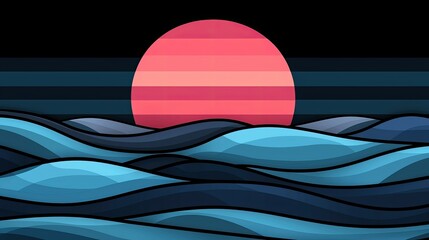 Poster - A graphic illustration depicts sunset over a stylized ocean landscape
