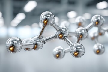 Poster - close-up shot of a 3d rendered molecular structure, featuring shiny metal atoms connected by rods, s