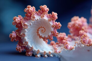 Poster - An elegant fractal formation with coral-like texture and a swirling pattern of white and pink, set against a blurry blue backdrop in an abstract design, artistic vision.