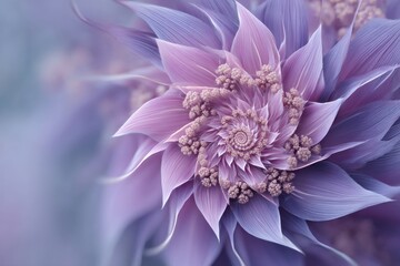Poster - Close-up of a beautiful abstract flower with delicate petals and soft purple hues, created with intricate details and a swirling spiral center, a calming and elegant design.