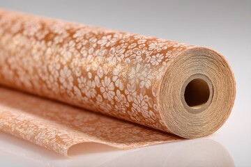 Poster - close-up shot of a roll of floral-patterned gift wrapping paper in warm, earthy tones showcasing a r