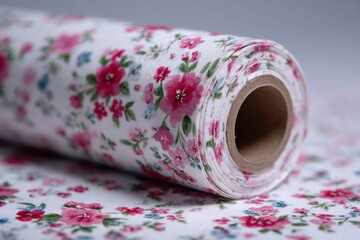 Poster - Close-up of a tightly rolled fabric patterned with delicate pink and red flowers, exhibiting a fresh and vibrant floral design, perfect for spring sewing projects.