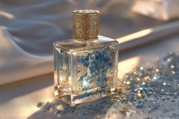 Poster - An elegant perfume bottle with golden details, filled with shiny, blue and silver particles, sitting on a silk fabric, showcasing luxury and sophistication.