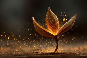 Poster - Abstract golden sprout emerging from soil with glowing particles, symbolizing growth, hope, and new beginnings against a dark and mysterious background, beauty concept.