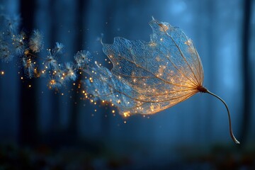 Poster - An ethereal leaf skeleton illuminated with glowing lights, floating in a dreamy, soft blue environment, creating a magical and serene atmosphere for nature lovers.