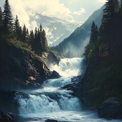 Poster - A powerful waterfall cascades through a forested mountain landscape with mist and dramatic lighting.