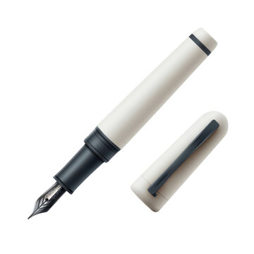 Flat vector design of a classic ink pen and cap, clean white background, no texture, no pattern