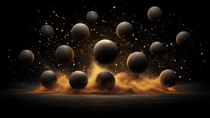 Poster - Spherical bodies are suspended in dark space with golden particles