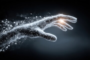 Poster - A futuristic digital hand made of network connections and glowing dots on a dark background, symbolizing technology, innovation, and the future of communication.