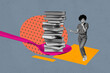 © deagreez - Pop art full zine photo collage of happy girl guy stand library academic book stack education learner vocabulary encyclopedia spoon