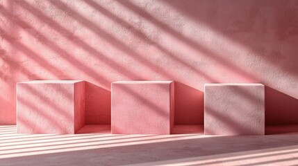 Poster - Three pink cuboid platforms standing with shadows on a textured background