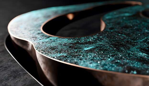 A close-up of the metallic surface, featuring smooth curves and reflections in dark brown and teal colors. The background is black,