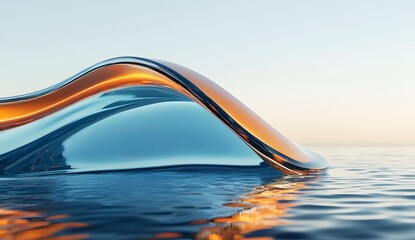 Fototapete - A futuristic, sleek glass material with blue and orange gradients on the edges of its surface is floating in water against a clear sky background.
