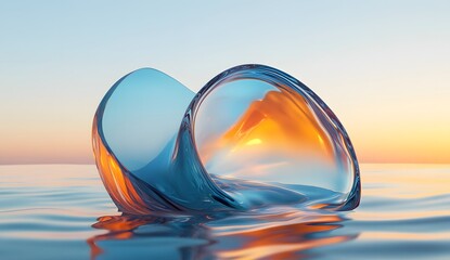 Fototapete - A futuristic, sleek glass material with blue and orange gradients on the edges of its surface is floating in water against a clear sky background.