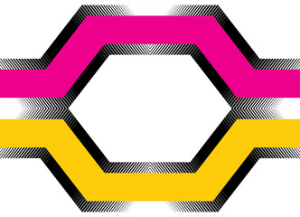 Poster - Modern technological pattern of black yellow and pink geometric shapes on white. Abstract striped vector background with space for text. Frame. lines