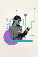 Aufkleber - Poster surreal collage of person stand near pixel symbols on pastel background