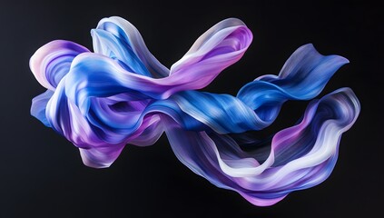 Fototapete - Abstract blue, purple, and white ribbons in motion on a black background. 