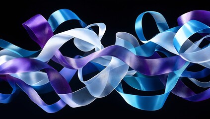 Fototapete - Abstract blue, purple, and white ribbons in motion on a black background. 