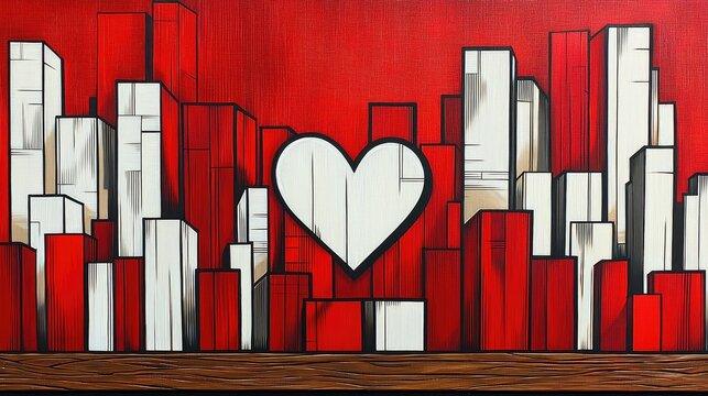 A colorful artistic rendering of an urban city landscape featuring a heart