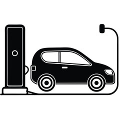 Fototapete - Electric car charging at station black and white vector illustration.