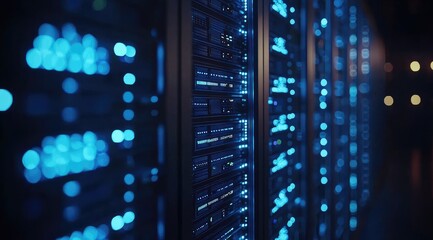 Poster - Close-up of illuminated server racks with blue LED lights in a dim data center, suitable for illustrating cybersecurity, data storage, or modern tech environments