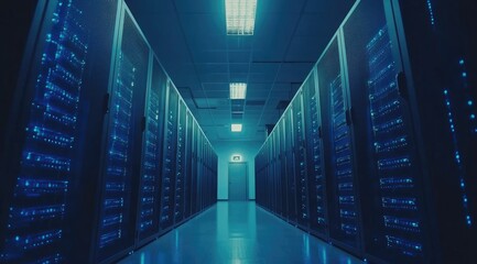 Poster - Dark server room with blue-lit racks and overhead lights in a secure hallway, great for cloud technology, data protection, or network infrastructure projects