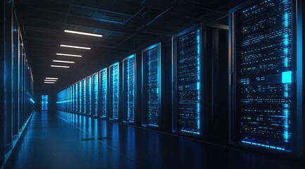 Poster - Advanced data center with glowing blue server racks in a dark hallway, perfect for illustrating cloud computing, cybersecurity, or high-tech infrastructure themes