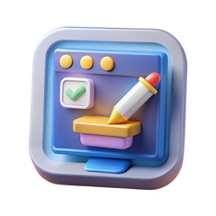 Poster - 3d rendering icon on transparent background illustrating online editing and design tools with a checkmark and pencil in a digital interface