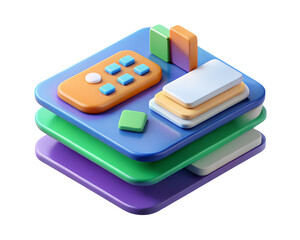 Poster - A visually appealing 3d rendering of colorful stacked elements including a remote control icon on transparent background