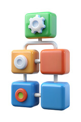 Poster - Abstract 3d rendering composition of connected colorful cubes representing interconnected processes for business or technology.