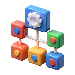 Poster - Abstract 3d rendered colorful illustration of a networked system diagram with gear icon and buttons for interface design