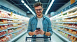 © Sync - Happy man shopping at retail grocery store holding smartphone inhand and standing with cart, smiling customer in supermarket aisle with casual style and fresh food products purchase in digital life