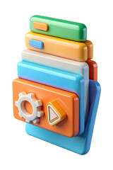 Poster - Colorful 3d rendering of stacked folder with gear and play icons representing digital file management