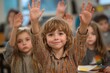 © Dennis - Children Raising Hands to Answer Questions in Bright Classroom