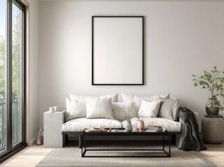 Aufkleber - Neutral-toned living room with soft cushions and a blank vertical poster frame, great for interior mockups, interior design, or artwork display concepts