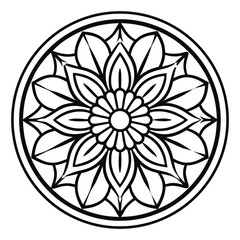 Poster - Simple Floral Mandala Illustration: Black Line Drawing of a Symmetrical Flower Design Inside a Circle, Isolated on White Background.                  