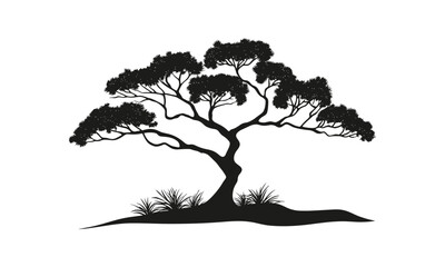  Desert landscape featuring Juniper tree, wild forest silhouette, black tree, organic natural art, vector illustration, rugged terrain, arid environment, nature-inspired graphic design.