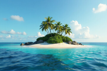 Wall Mural - Cozy beach scene with palm trees on a small island in the middle of the ocean